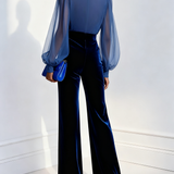 Zaira - Hosszú bársonynadrágos overál V-nyakkal és hosszú kék hálós ujjal